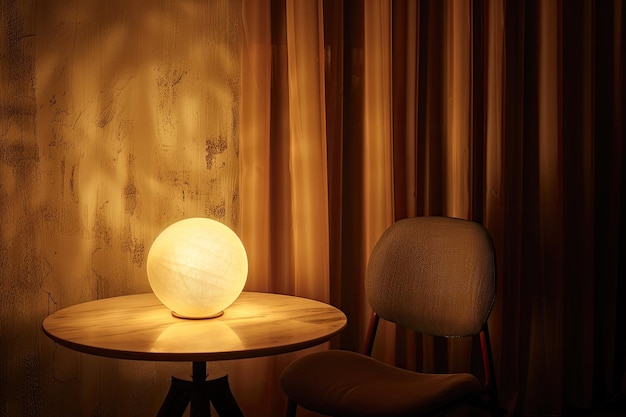 Photo a round table with a chair and a table with a light on it