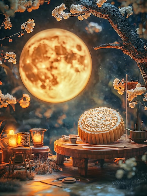 a round table with a moon and a candle on it