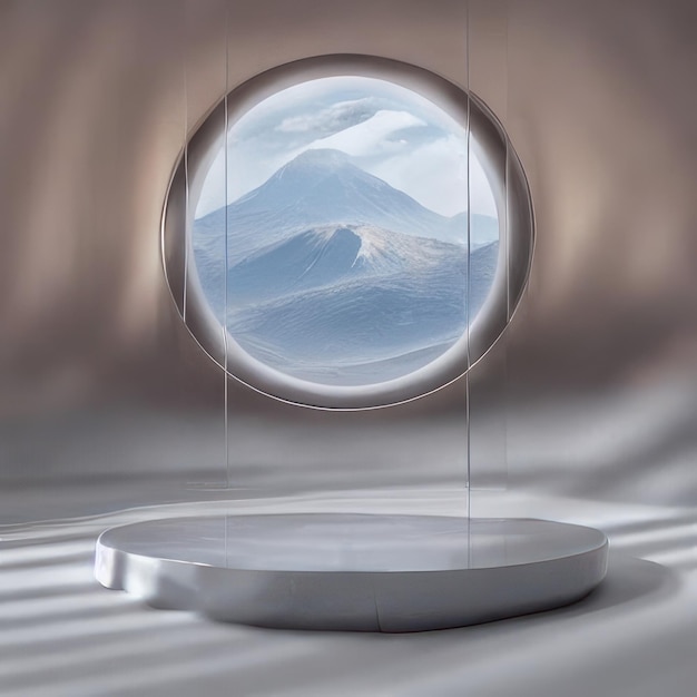 A round table with a mountain in the background