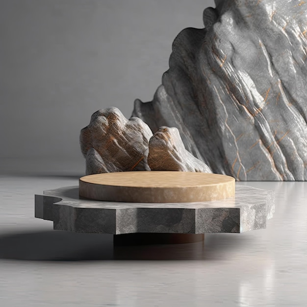 A round table with a rock in the background.