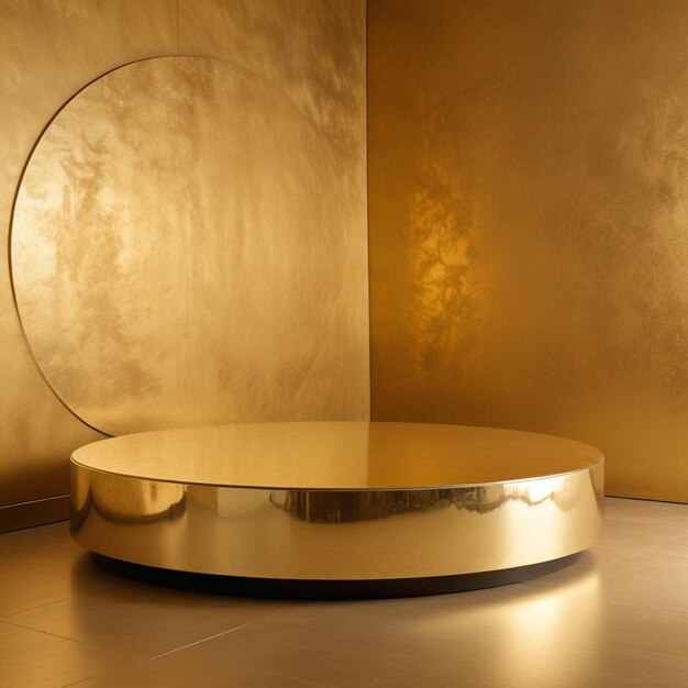 Photo a round table with a round top sits in a room with a gold wall