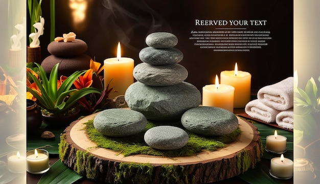 a round table with a stack of rocks and candles on it