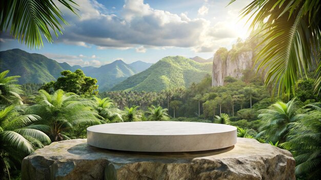 a round table with a view of the mountains and palm trees