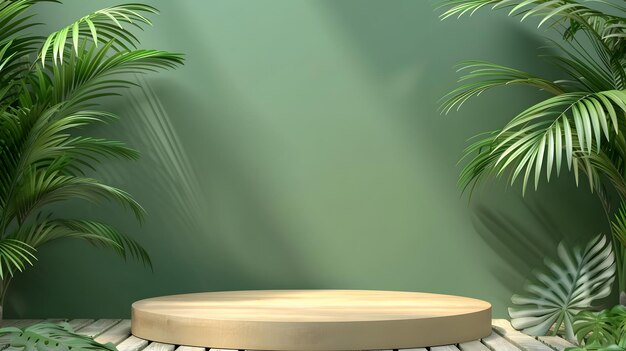 a round table with a wooden top sits in front of a green wall with a plant in the center