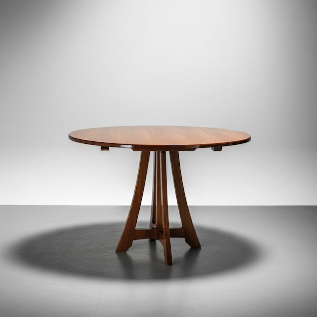 Photo a round table with a wooden top sits on a gray floor