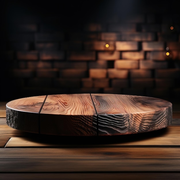 a round table with a wooden top sits on a wooden surface