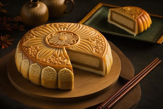 Round traditional chinese shu cake for holidays and celebrations created with generative ai