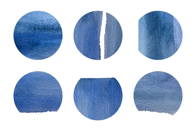 Round watercolor stickers set isolated on white background Blue spots and strokes abstraction with torn edge