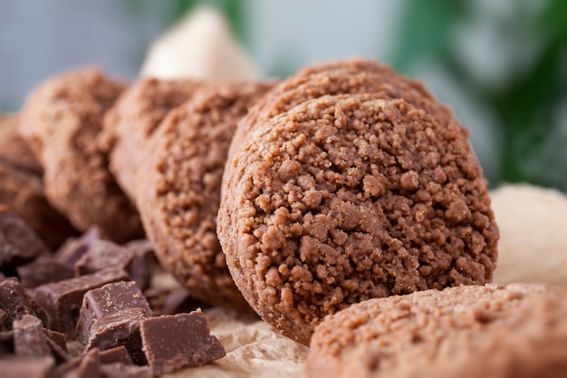 Round wheat cookies with cocoa and chocolate