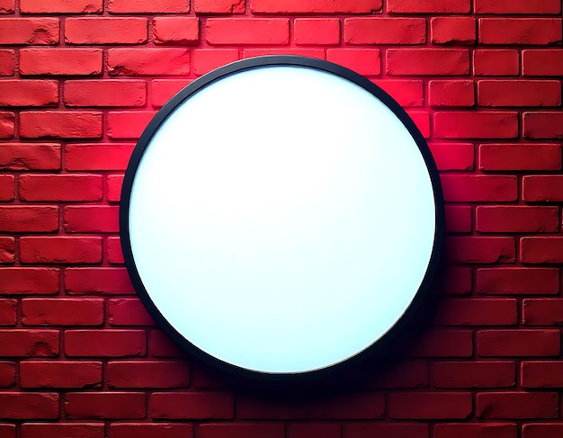 a round white circle is on a red brick wall