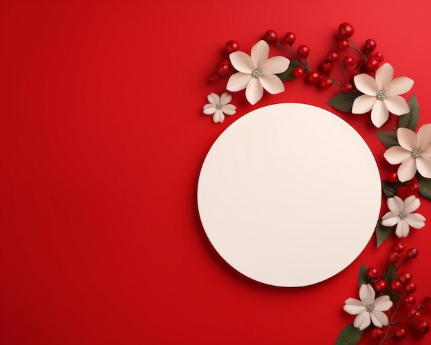 a round white circle with flowers and a round white circle on the red background