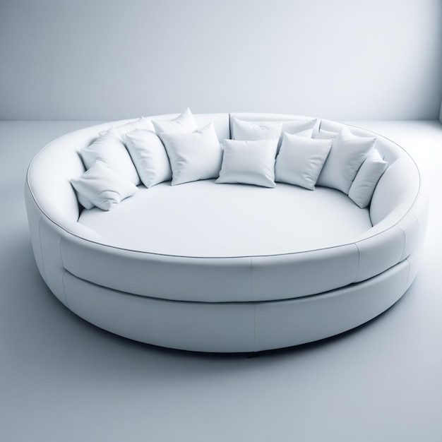 A round white couch with several pillows on it.