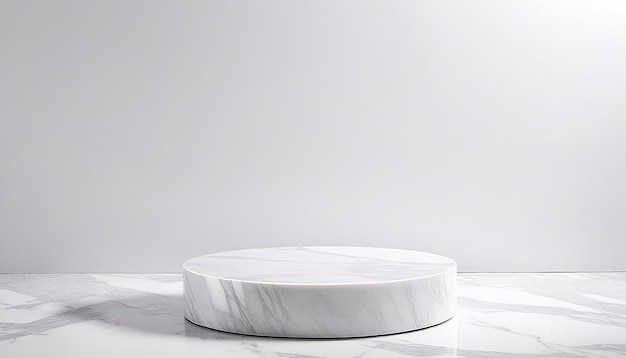 Round white marble podium for product presentation