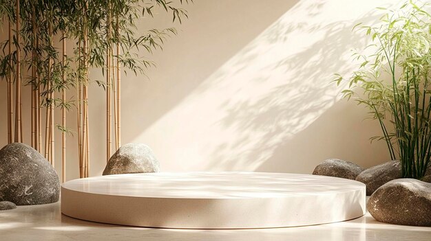 a round white ottoman with a round base and a round base with a bamboo plant in the background