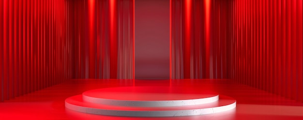 Round white podium illuminating an empty stage with red curtains for product placement