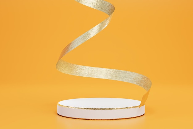 A round white podium for placing goods or text and a beautiful ribbon on an orange background