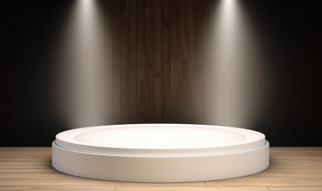 A round white podium with a wooden background and spotlights.