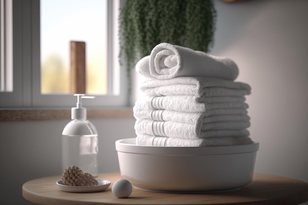 A round white washbasin with a stack of fluffy towels nearby created with generative ai