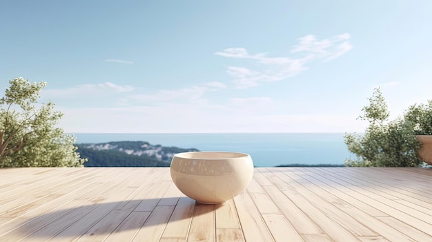 round white wooden bowl on the balcony view of the ocean in the style of tiltshift lenses