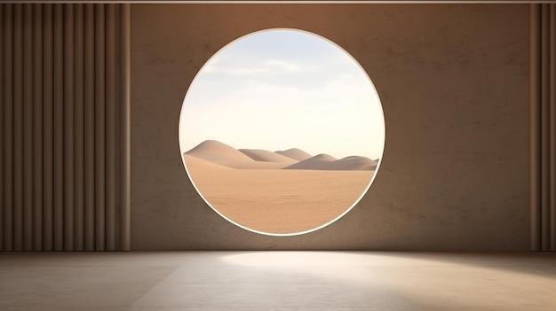 A round window in a room with desert landscape in the background.