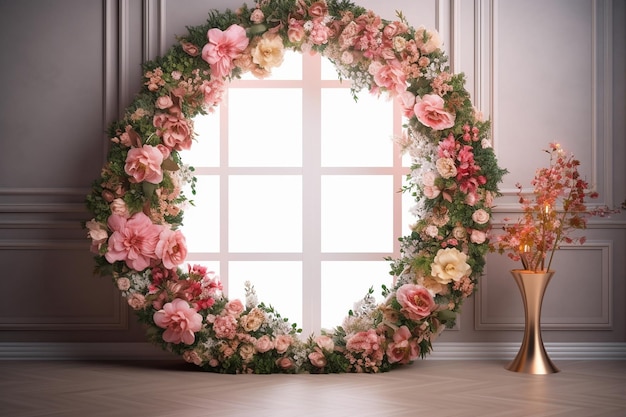 A round window with a flower wreath on it