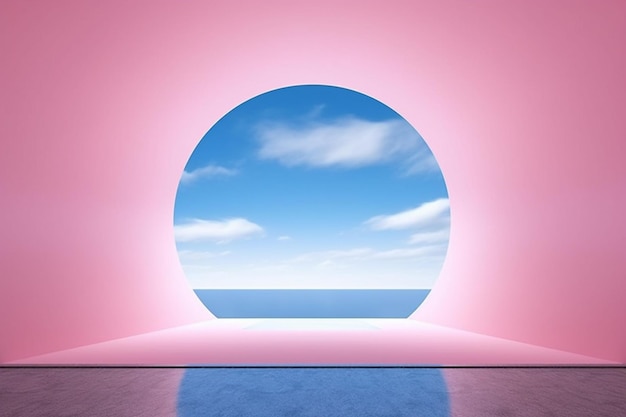 A round window with a pink wall and the ocean in the background.