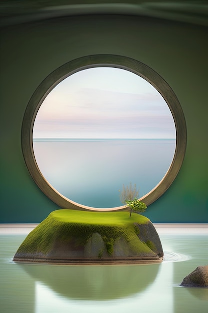 A round window with a small tree on top of it.