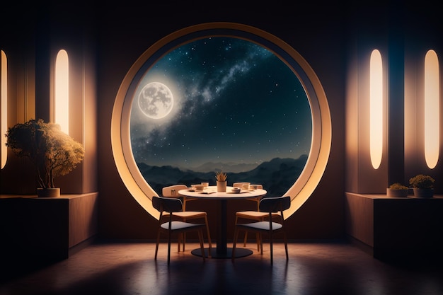 Round window with view of the night sky and full moon in the distance Generative AI