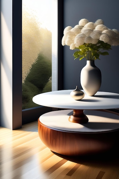 Round wood table counter podium gray vase white bouquet flower on book on traditional Japanese tat