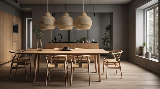 Round wooden dining table and chairs in gray tones with decor stylish modern interior mock up Al generated