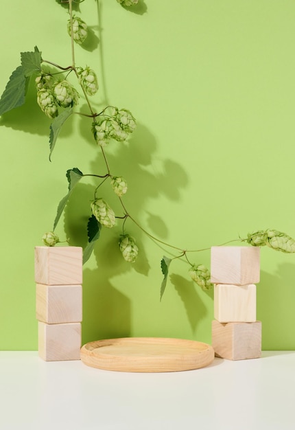 Round wooden empty podium and wooden cubes with branches and green leaves on a white table