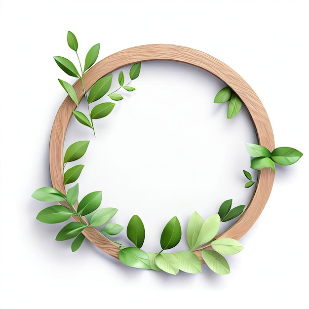 A round wooden frame with green leaves and branches around it generative AI