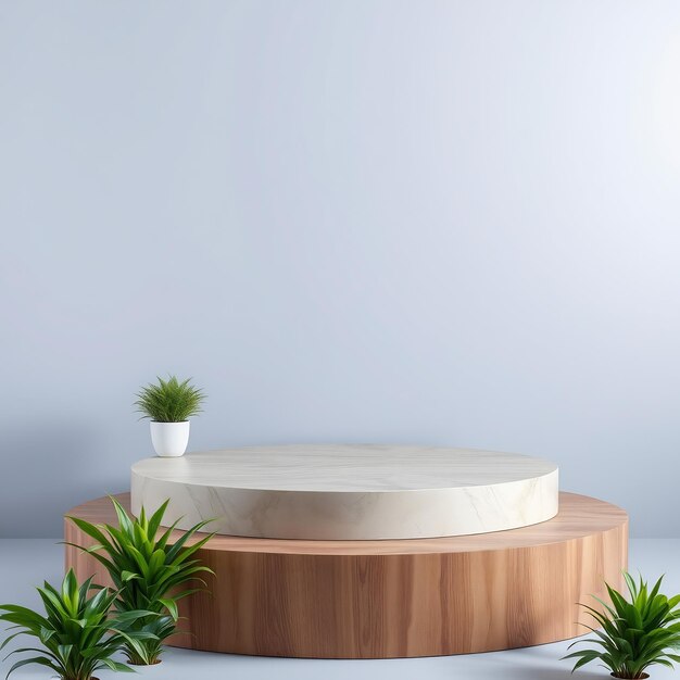 Round Wooden and Marble Podium Display