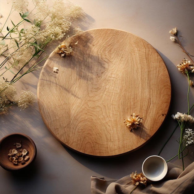 Round wooden plate on table