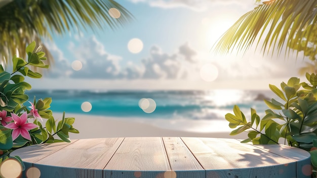 A round wooden platform table stands on a sandy tropical beach decorated with bright flowers The sea glistens in the background under a clear blue sky