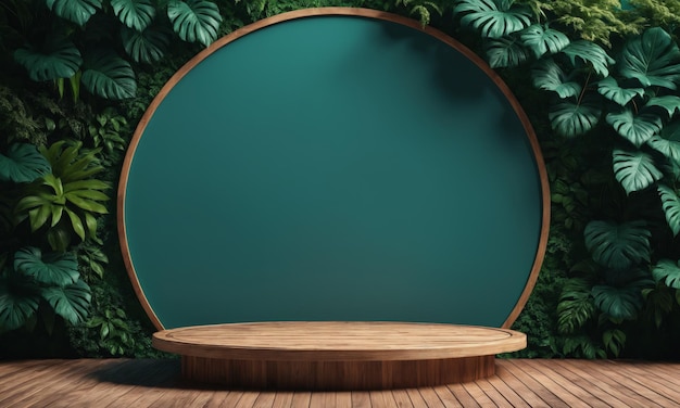 Round wooden podium against green wall