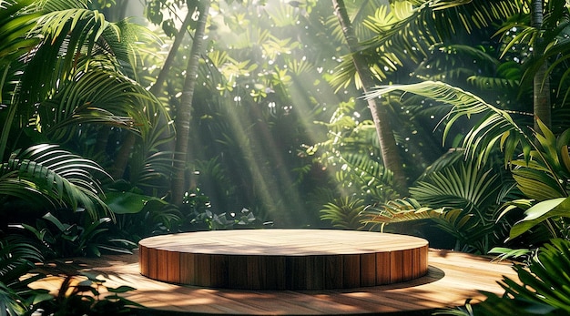 Photo round wooden podium in exotic jungle photorealistic 3d rendering for product display