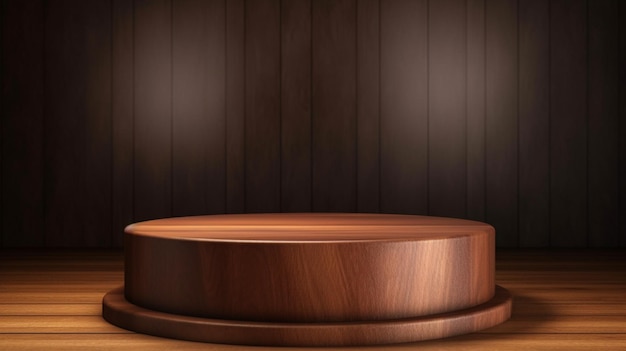 A round wooden podium with a dark wood background.