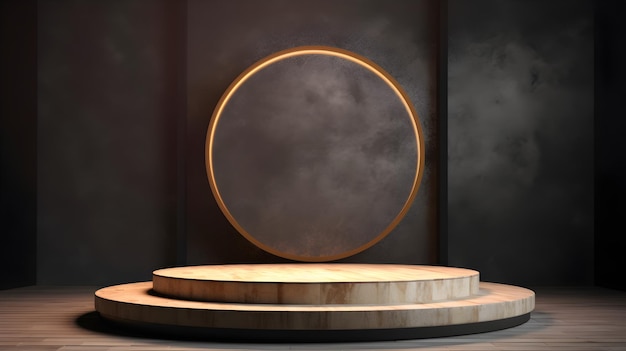 A round wooden podium with a gold circle in the center.