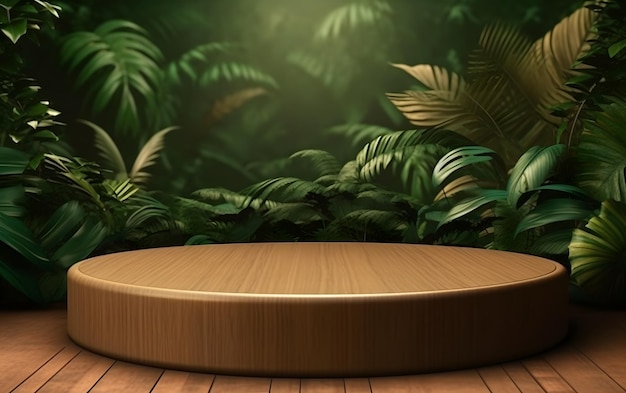 A round wooden podium with a jungle background