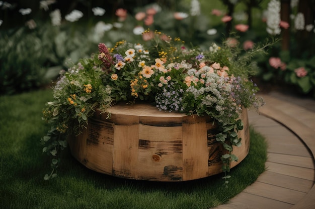 A round wooden podium with a planting of spring flowers and greenery created with generative ai