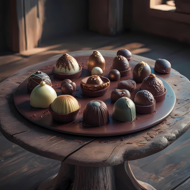 a round wooden surface with a round circle of chocolates on it