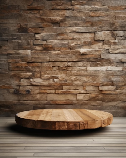 A round wooden table in front of a brick wall.