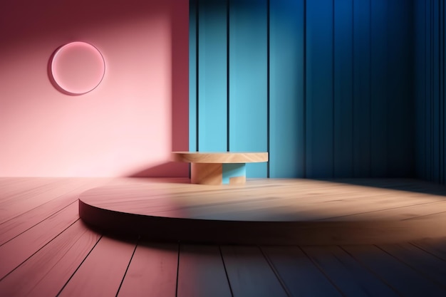 A round wooden table in a pink room with a round wooden table and a round wooden bench.