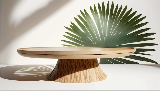 A round wooden table with a leaf in the background.