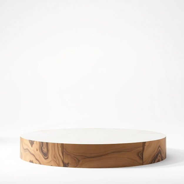 Round wooden table with white top on white background