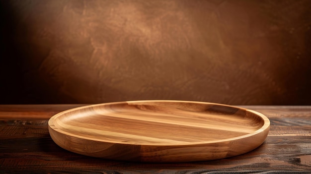 Round wooden tray for food products or cosmetics against dark brown background Front Generative AI