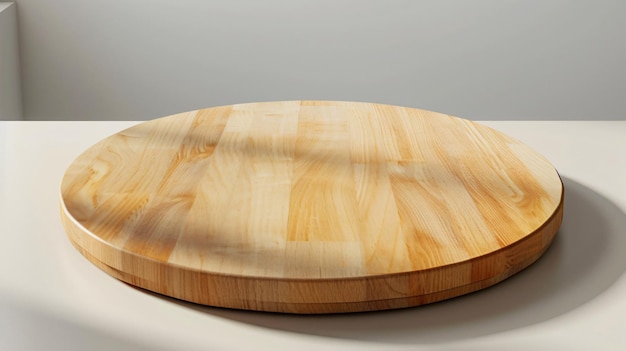 a round wooden tray is on a table with a white background