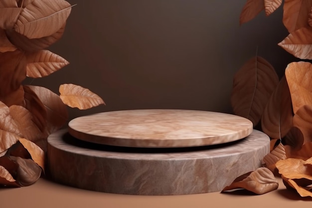 A round wooden tray with a brown background and leaves on it.