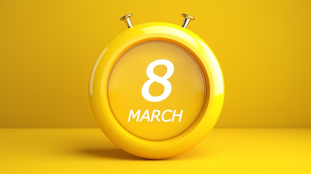 Round yellow alarm clock on a yellow background with the date March 8 generative AI